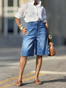 High Waist Wide Leg Denim Bermuda Shorts With Side Button Detail - Casual Summer Knee Length Denim Shorts - Medium Wash - View 5