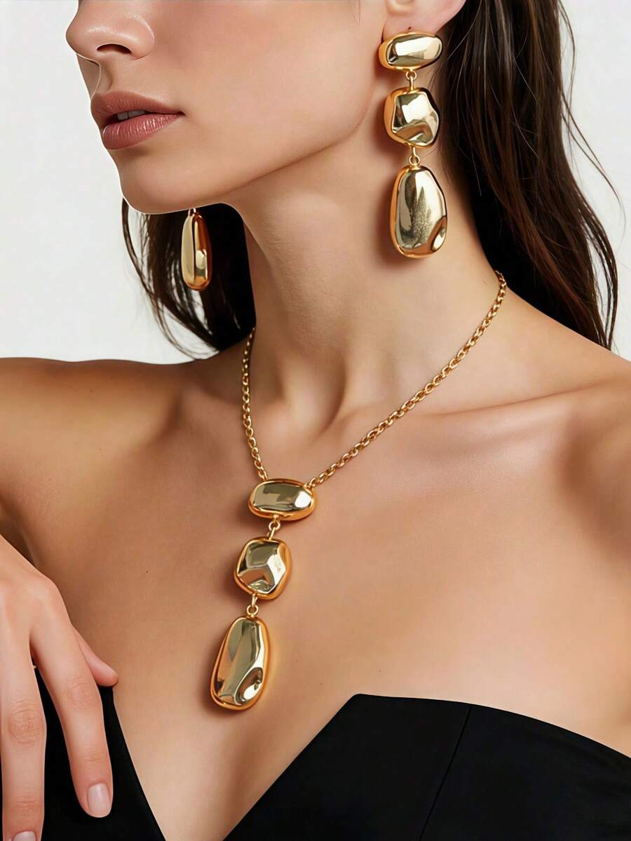 2pcs Set Luxury Asymmetrical Geometric Gold-Plated Earrings + Necklace Jewelry Set, Elegant For Party, Work, And Daily Wear - Yellow Gold - View 1