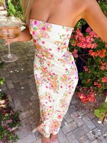 Women's Floral Digital Print Backless Bodycon Dress, Elegant Sexy Strapless Y2K Party Cocktail Beach Boho Dress, Spring/Summer/Autumn Vacation - 白色 - 查看 4