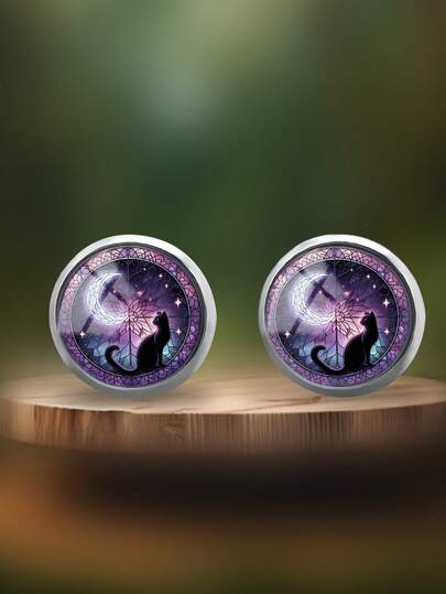 1 par de pendientes con forma de lágrima de acero inoxidable 316 con patrón de paisaje vintage, luna y gato, estilo minimalista adecuado para uso diario y regalos de mujer, joyas elegantes y sencillas para uso diario y festividades