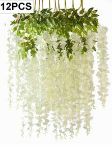 12/24pcs Artificial White Wisteria Flower Wreath, Made Of UV Resistant Plastic Vines And Real Green Leaves - Outdoor/Hanging Flower Wreath, Suitable For Weddings, Porch, Garden Decoration, Valentine's Day Decoration - White - View 10