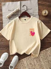 Tween Girl "MORE AMOR POR FAVOR" Print Soft & Comfortable T-Shirt, Suitable For Girls Traveling, Vacation, Outdoor Sports, Daily Wear, Casual Travel, Best Choice For Fashionable Girls In Spring And Summer - Apricot - View 7