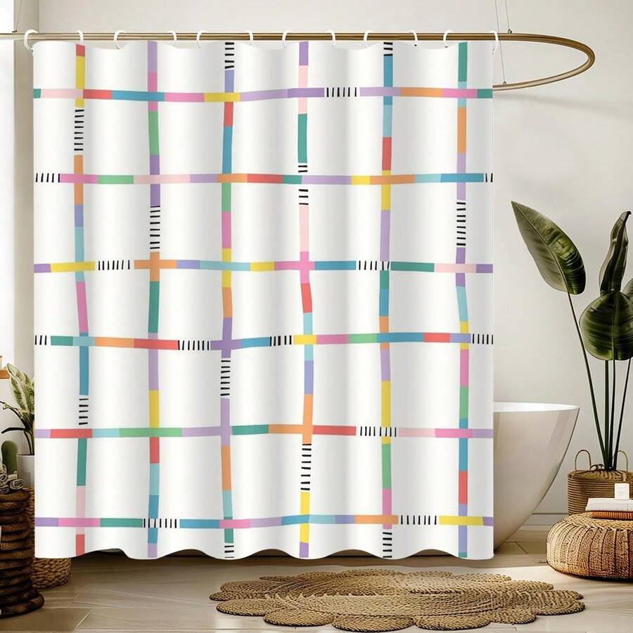 1 pièce Rideau de douche de style printanier avec motif géométrique de lignes, design style peinture moderne, cadeau unique pour la maison et les amis, lavable en machine, utilisable toute l'année, décoration de salle de bain - Multicolore - Voir 1