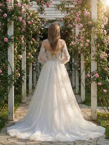 YOUKEFEIER Strapless Sexy Deep V Lace Embroidery With Beaded Long Wedding Dress - White - View 6