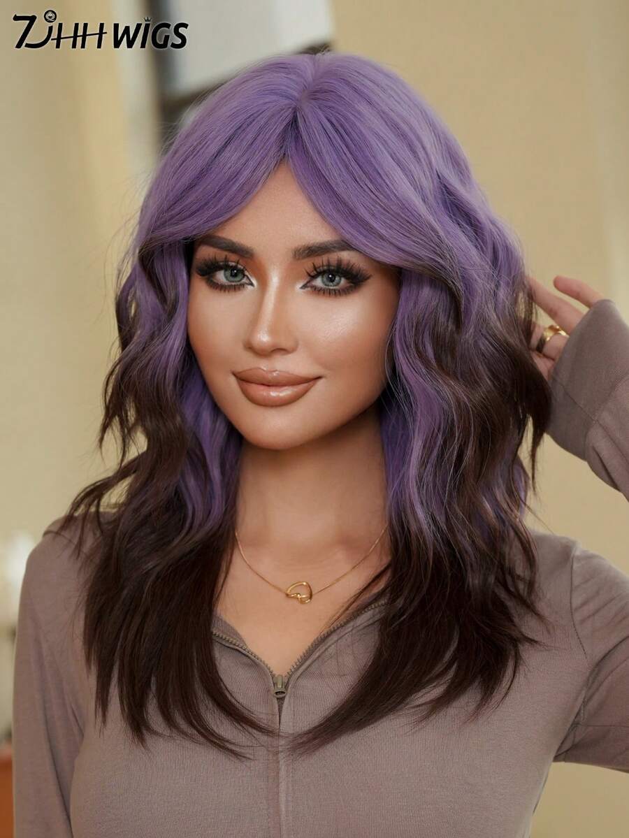 7JHH WIGS 中长款神秘紫黑色波浪假发，20英寸蓬松卷曲刘海，高密度全机织耐热纤维合成假发，适合角色扮演、万圣节、嘉年华、音乐节等派对佩戴。