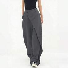 Pantalones anchos de traje para mujer, pantalones sueltos negros, pantalones rectos asimétricos, pantalones casuales delgados y elegantes para primavera/verano - Gris - Ver 7