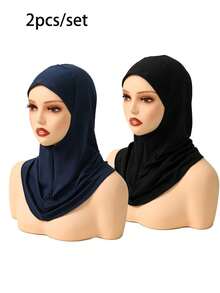 2pcs/Set Women's Fashion Solid Color Combo Set, Elastic Chin Cover, Convenient Hijab Scarf, Headscarf, Abaya Dress, Suitable For Daily Wear - 2pcs/set - Zippered Pullover Cap - Black + Navy Blue - View 9