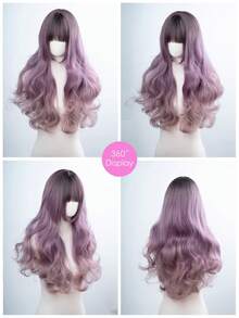26-Inch Long Synthetic Wig Featuring A Natural Wavy Style In A Stunning Purple Gradient. Designed With Bangs , It Is Crafted From Heat-Resistant Fiber To Ensure Durability. This False Hairpiece Is Perfect For Daily Use, Offering A Natural And Realistic Appearance That Mimics. - Purple Ombre - View 9