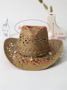 1pc Unisex Starfish Decor Cowboy Hat Hollow Out Wide Brim Handmade Cowgirl Hat Casual Sun Hat Spring Summer Travel Shade Beach Hat Straw Hat - 卡其色 - 查看 4