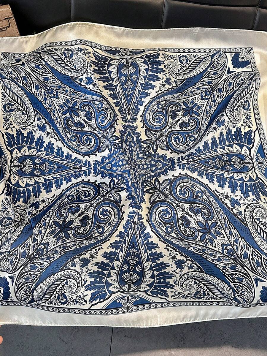 1 chiếc khăn lụa vuông, băng đô in họa tiết satin dành cho nữ, khăn quàng cổ, khăn trùm đầu, khăn choàng thời trang cho nữ, khăn choàng cổ. - Hạt điều xanh trắng lớn - Xem 1