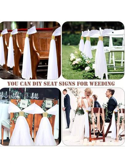 6pcs Elegant White Wedding Bench Cover Set, Includes Tulle Curtain And Faux Crystal Tie Backs; Wedding Church Entrance Decor, Outdoor Wedding Ceremony Decoration, Wedding Party Reception Area Decor, Wedding Ceremony Atmosphere Decoration, Proposal Scene Surprise Decor, Wedding Banquet Ambiance Props