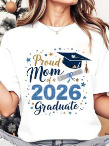Women Round Neck T Shirt Proud Mom Of A 2026 Graduate Graduation Cap And Diploma Design For Mother Of Graduate Celebration Graduation Party 220g - 白色 - 查看 1