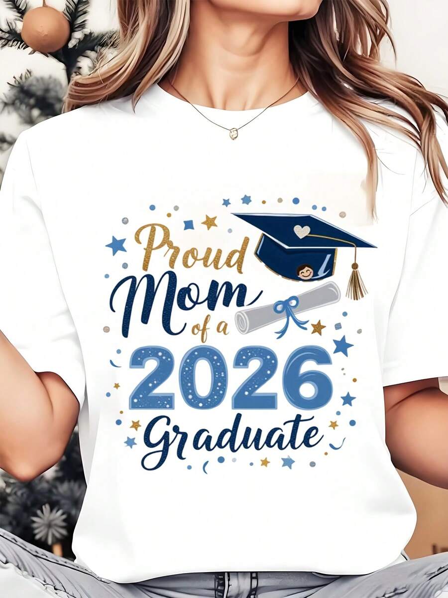 Women Round Neck T Shirt Proud Mom Of A 2026 Graduate Graduation Cap And Diploma Design For Mother Of Graduate Celebration Graduation Party 220g - 白色 - 查看 1