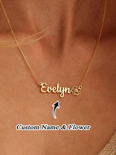 1pc Custom Name Necklace With Birth Flower, Personalized Gold Jewelry, Exquisite Birth Flower Necklace, Women's Necklace, Jewelry Women, Custom Name Necklace, Simple Gifts, Custom Necklaces, Mother's Day Gifts For Mom, Custom Gifts, Gifts For Girlfriend, Birthday Flower Customization, Personalized Custom Gifts