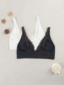2pcs Ladies Plus Size Lace Front-Clasp Bra | Elegant Luxury Contrast Lace, No Underwire, No Padding, Adjustable Straps, Breathable, Ideal For Daily Wear, Lingerie For Women, Bra Plus Size Women - 彩色 - 查看 3