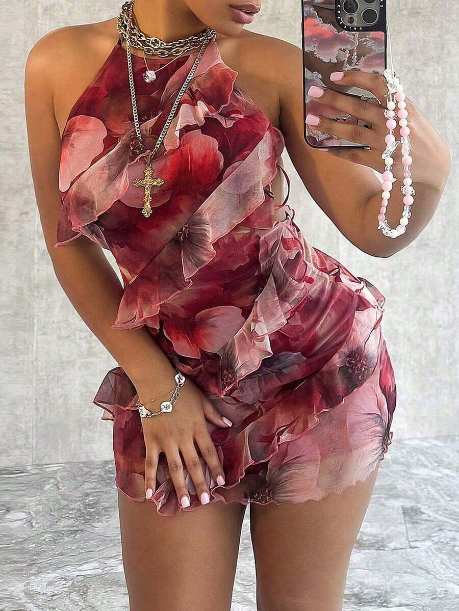 Women's Summer Halter Neck Backless Straps Suspenders Hip Ruffle Charm Fashion Hottie Sexy Party Mini Dress Vacation Elegant - 咖啡 - 查看 1