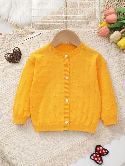 Baby Girl Knitted Round Neck Perforated Solid Color Cardigan