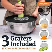 6Pc Large Mixing Bowls With Lids Set with Non-Slip Bases Stainless Steel Mixing Bowl Set 6 Airtight Lids and 3 Graters Black - Negro - Ver 5