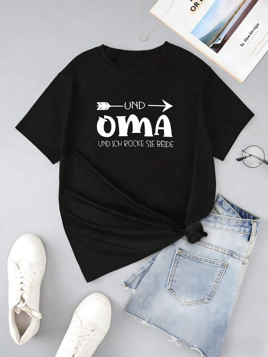 Áo thun ngắn tay in chữ phong cách thường ngày dành cho nữ, thích hợp cho mùa hè. - màu đen - Xem 1