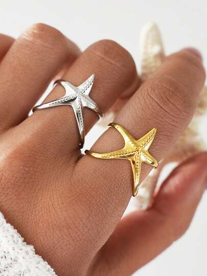 Frminee 2pcs/1pc Summer Beach Starfish Gold Stainless Steel Ring, Waterproof Personalized Ring, Charm Jewelry Beach Accessories For Women, Adjustable Ocean Ocean Style Open Ring, Stylish Holiday Summer Party Jewelry, Exquisite Gifts