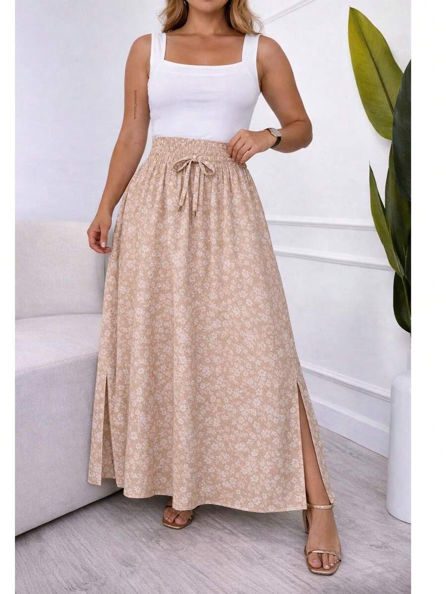 Long, Printed Viscose Skirt, Lined, High Waist With Pockets And Side Slits. - hoa màu be - Xem 1