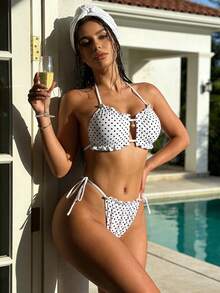 Atutua Bộ bikini chấm bi, bikini buộc dây phía trước gợi cảm và dễ thương cho bãi biển và kỳ nghỉ hè. - Đen và trắng - Xem 4