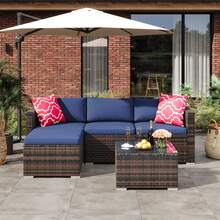 5-Piece Outdoor Sectional Sofa Set, All-Weather PE Rattan Patio Furniture With Ottoman & Tempered Glass Table, Convertible Garden Couch For Backyard, Porch, Poolside - Brown/Navy Blue - View 3