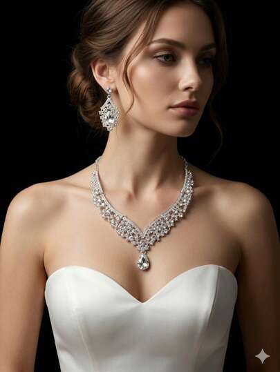 Juego de joyería de 3 piezas de collar y aretes de novia plateados, accesorios elegantes para boda y fiesta