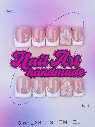 10pcs/Set Handmade Square Nail Tips, Y2K Baddie Style, Nude & White Color With French Tips, Crystal Embellishment Design, Suitable For Party, Wedding, Daily Wear, Includes Nail Tools, Great Gift For Women & Girls Nails Nail Supplies Handmade Press On Nails