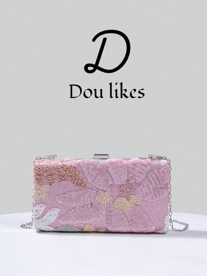 1pc Sequin Embroidered Evening Clutch Bag, Floral Sequin & Embroidery Design, Elegant Engagement Handbag For Cheongsam Dress, With Metal Chain, Suitable For Party, Wedding, Prom, Banquet