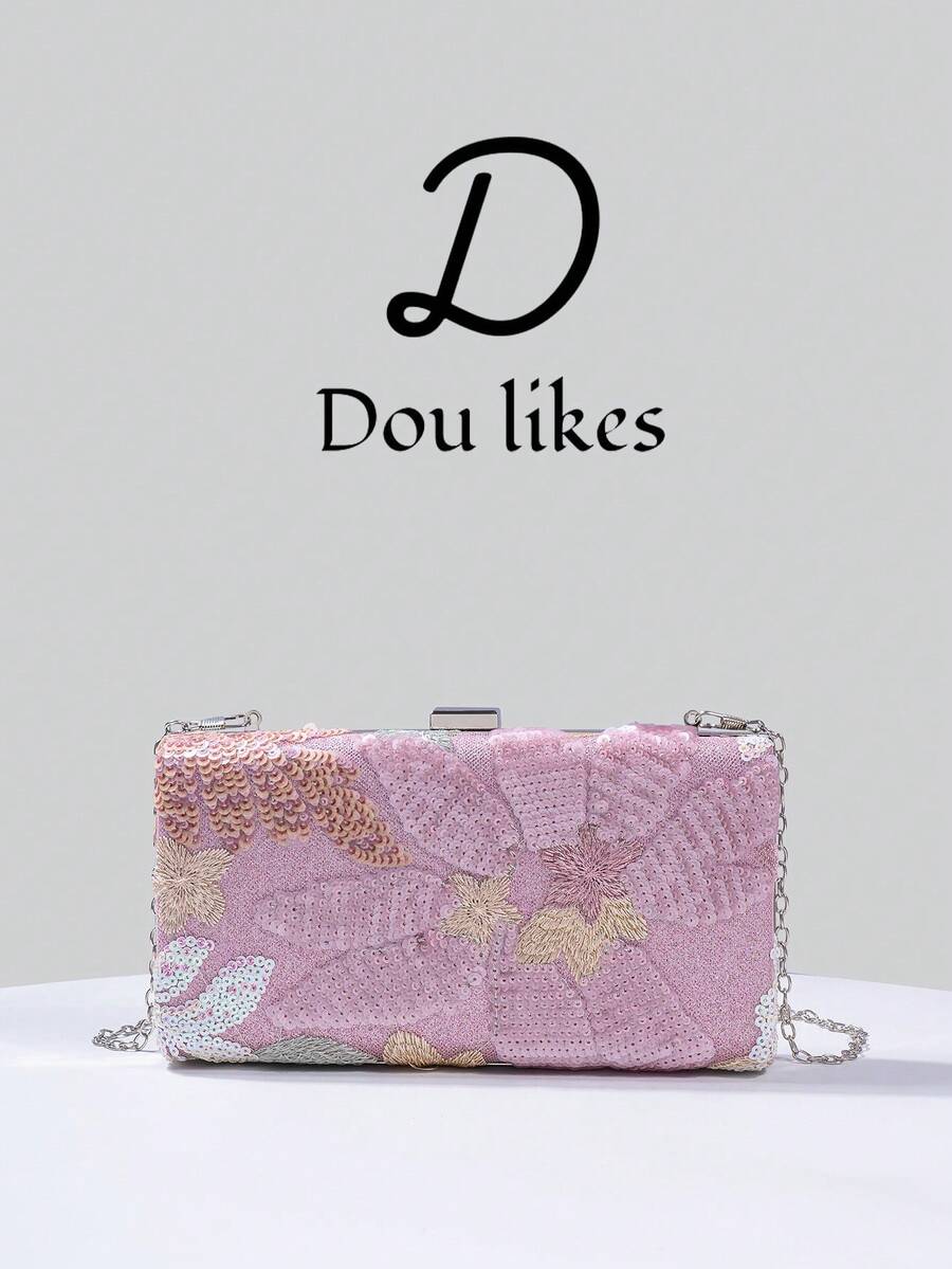 1pc Sequin Embroidered Evening Clutch Bag, Floral Sequin & Embroidery Design, Elegant Engagement Handbag For Cheongsam Dress, With Metal Chain, Suitable For Party, Wedding, Prom, Banquet - Hồng - Xem 1