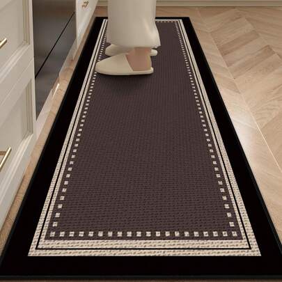 1 pieza Alfombra de cocina con patrón geométrico, de tela tipo lino, con estilo de madera, alfombra lavable para cocina, entrada, pasillo, bar, lavandería y talla grande