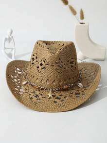 1pc Unisex Starfish Decor Cowboy Hat Hollow Out Wide Brim Handmade Cowgirl Hat Casual Sun Hat Spring Summer Travel Shade Beach Hat Straw Hat - 卡其色 - 查看 1