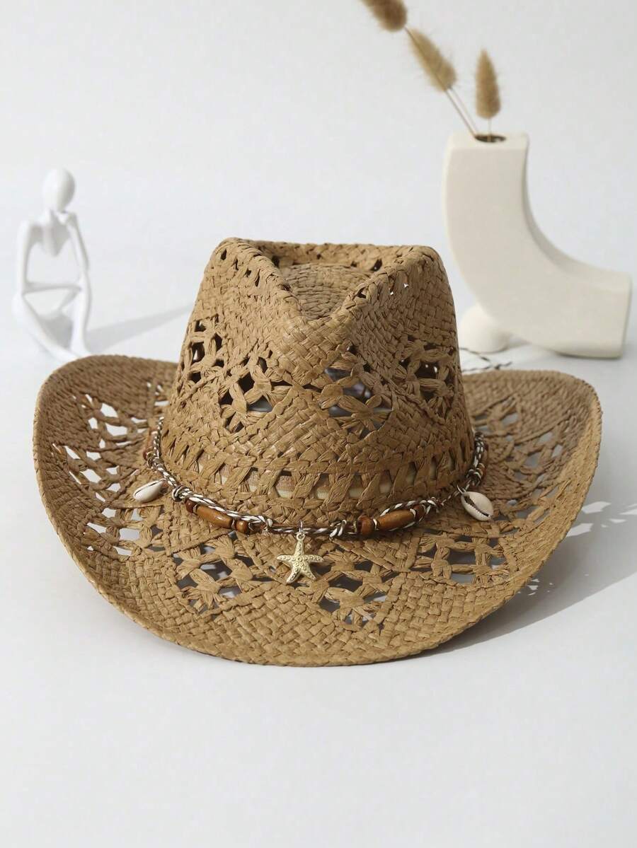1pc Unisex Starfish Decor Cowboy Hat Hollow Out Wide Brim Handmade Cowgirl Hat Casual Sun Hat Spring Summer Travel Shade Beach Hat Straw Hat - 卡其色 - 查看 1