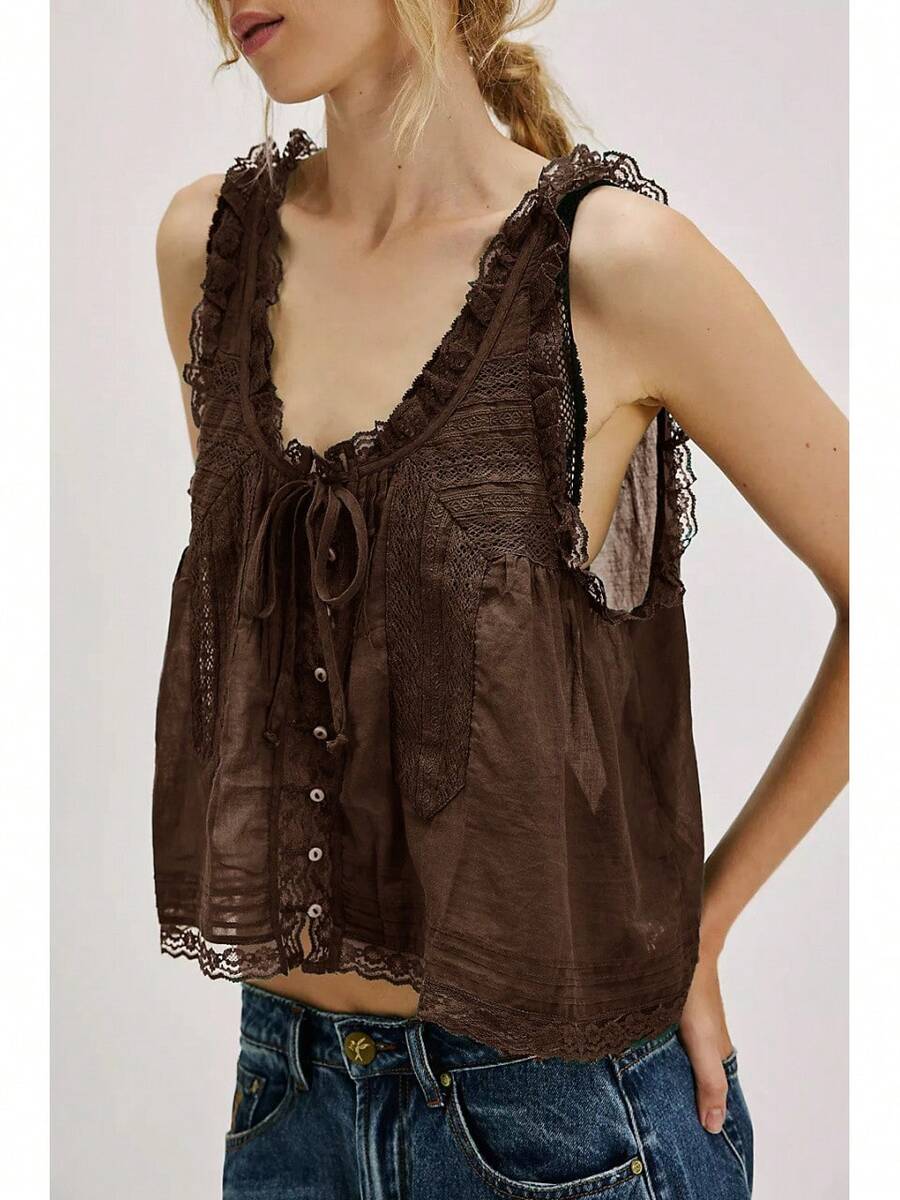 2026 Nuevo Top de Verano para Mujer, Camisola Ajustada de Color Sólido con Ribete de Encaje y Botones - Café integral - Ver 1