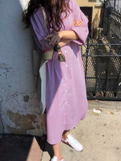 Women's Casual Striped Polo Collar Single-Breasted Oversized Long Shirt Dress, Korean & Japanese Style Elegant