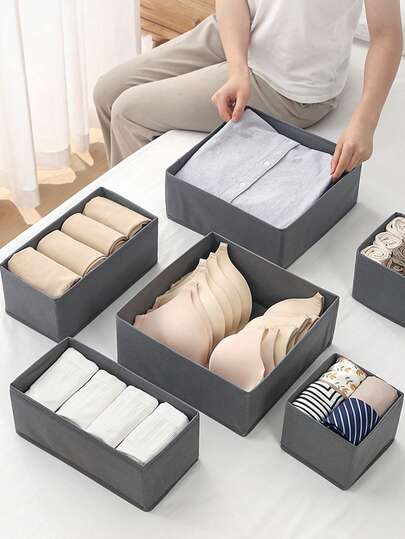 6pcs Dark Gray Folding Storage Box, Storage Box For Toys And Miscellaneous Items, Household Clothes Organizing Box, Wardrobe Underwear And Socks Storage Box, Cosmetic Storage Box, Drawer Storage Box