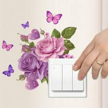 1pc Purple Rose & Butterfly Switch Sticker, Removable Floral Wall Decal, Waterproof Romantic Decoration For Light Switch And Outlet - one-size - View 3