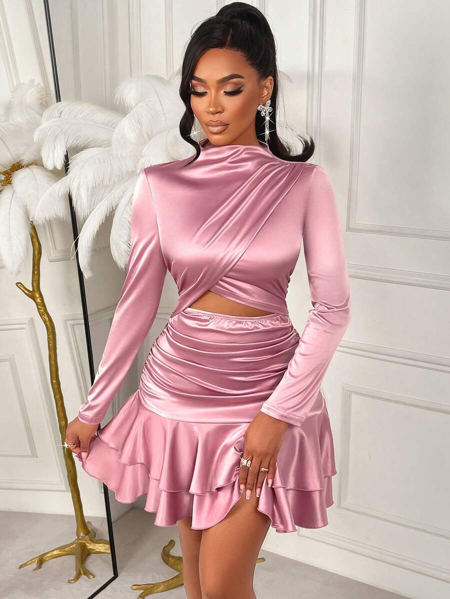 AIJ Đầm ngắn ôm dáng Amarilo màu hồng satin cổ cao, xếp ly rỗng, viền bèo nhún - Hoàn hảo cho kỳ nghỉ xuân, tiệc tùng, dự đám cưới và các sự kiện buổi tối. Thanh lịch. - Bột đậu đỏ - Xem 1