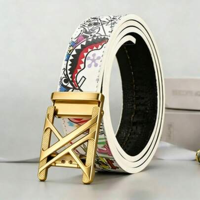 新款男士时尚PU皮腰带，商务休闲百搭字母涂鸦设计