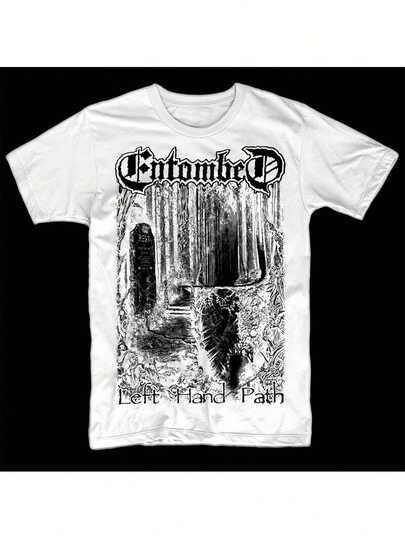 Entombed, un grupo sueco de death metal, ofrece una camiseta inspirada en cementerios góticos con la frase "Road to Death" junto con diseños de lápidas.Esta ropa de heavy metal es adecuada tanto para hombres como para mujeres.
