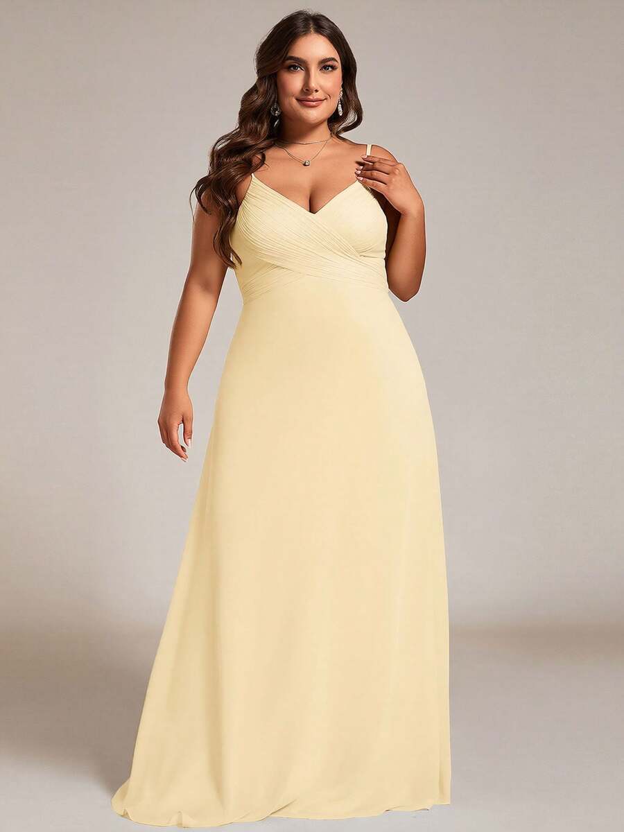 EVERPRETTY Vestido de dama de honor elegante de talla grande con cuello en V y busto fruncido en amarillo, vestido largo para invitados de boda de primavera/verano, fiesta, vacaciones