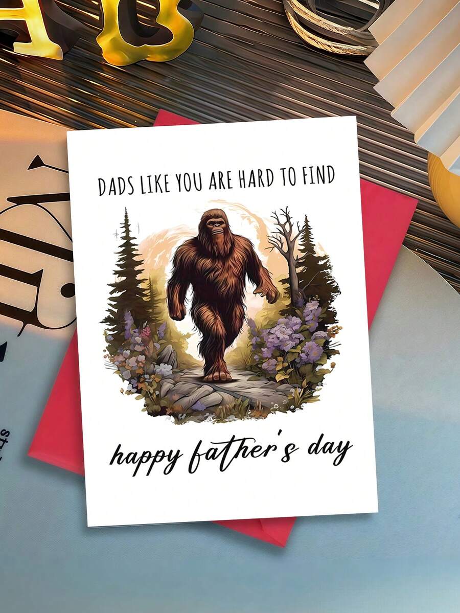 1pc Bigfoot Father's Day Card With Envelope - Funny Cryptid Gift For Dad, Stepdad & Grandpa, Unique Sasquatch Design, Perfect For Father's Day, Blank Inside - A - View 1