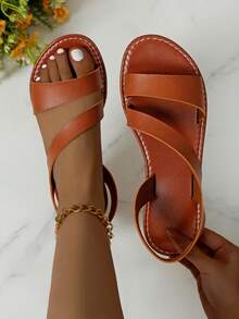 1 đôi dép xăng đan đế bằng tối giản dành cho nữ, kiểu dáng thường ngày, hở mũi, có quai kép, rất cần thiết cho việc mang hàng ngày. - màu nâu - Xem 1