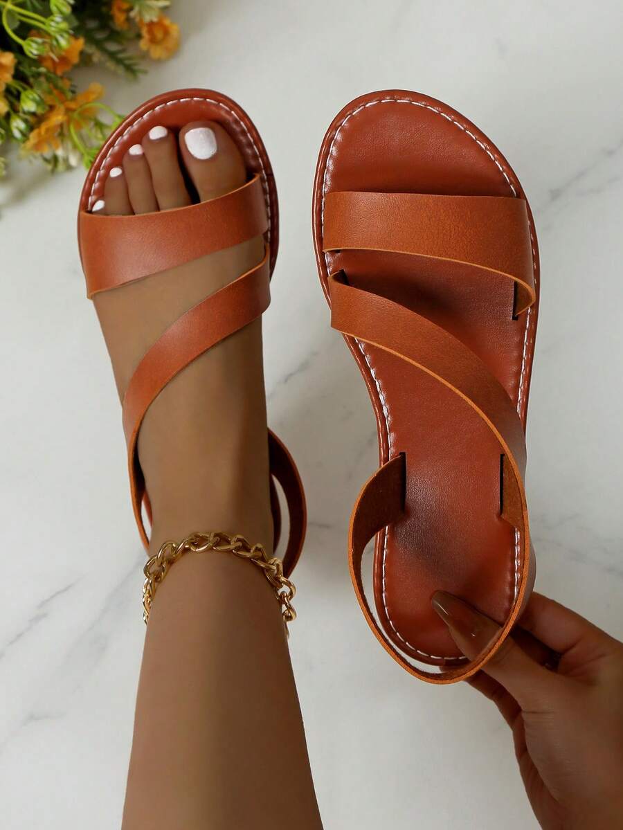 1 đôi dép xăng đan đế bằng tối giản dành cho nữ, kiểu dáng thường ngày, hở mũi, có quai kép, rất cần thiết cho việc mang hàng ngày. - màu nâu - Xem 1