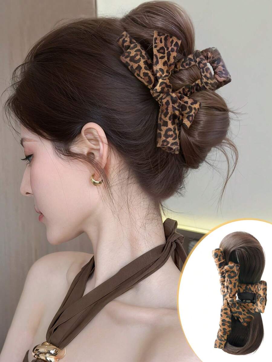 1 chiếc kẹp tóc in họa tiết da báo thời trang, tóc đuôi ngựa bồng bềnh, tóc búi xoăn rối cho nữ, kiểu tóc búi tết tổng hợp thanh lịch kèm kẹp càng cua, thích hợp sử dụng hàng ngày.