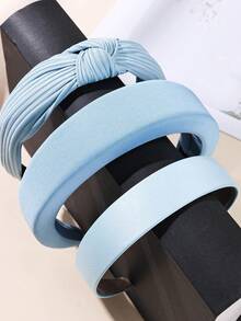 3 件装女士多款式蓝色发带，时尚海绵/纯色/条纹顶部打结发带，适合运动和日常佩戴的发饰 - 淺藍色 - 查看 8