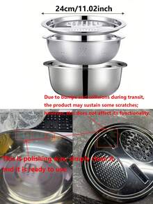 3pcs Stainless Steel Kitchen Tool Set, Including Knife Sharpener, Multi-Function Strainer, And Mixing Bowl - Perfect For Washing, Slicing Fruits, Vegetables And Cheese, With Drainage System, Essential Kitchen Gadgets - Multicolor - View 14