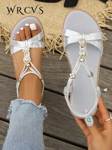 WRCVS Sandálias rasteiras prateadas femininas, modelo trançado, leves e fáceis de calçar para a praia, com estampa floral retrô feita à mão com miçangas, perfeitas para o verão. - Prata - Ver 7