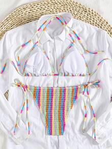 新款热销春夏豹纹波点荷叶边比基尼套装，时尚性感挂脖两件式泳衣，适合海滩派对，性感吊带欧美风女士比基尼泳装 - 豎桔綠粉紅黃紅藍彩虹 - 查看 7